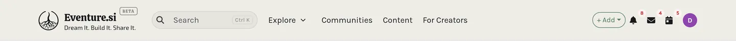 The top bar: main navigation on the left, + Add, search, notifications, messages and your avatar on the right.