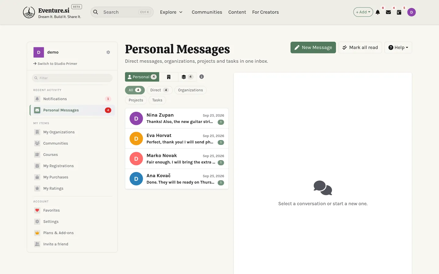 My Messages: conversations grouped by person and organization.