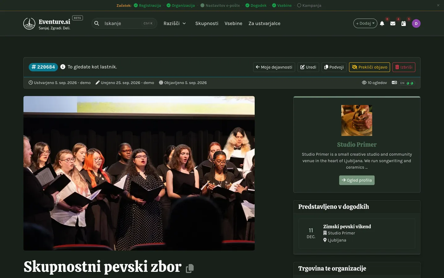 Moje aktivnosti: aktivnost s povezanimi dogodki.
