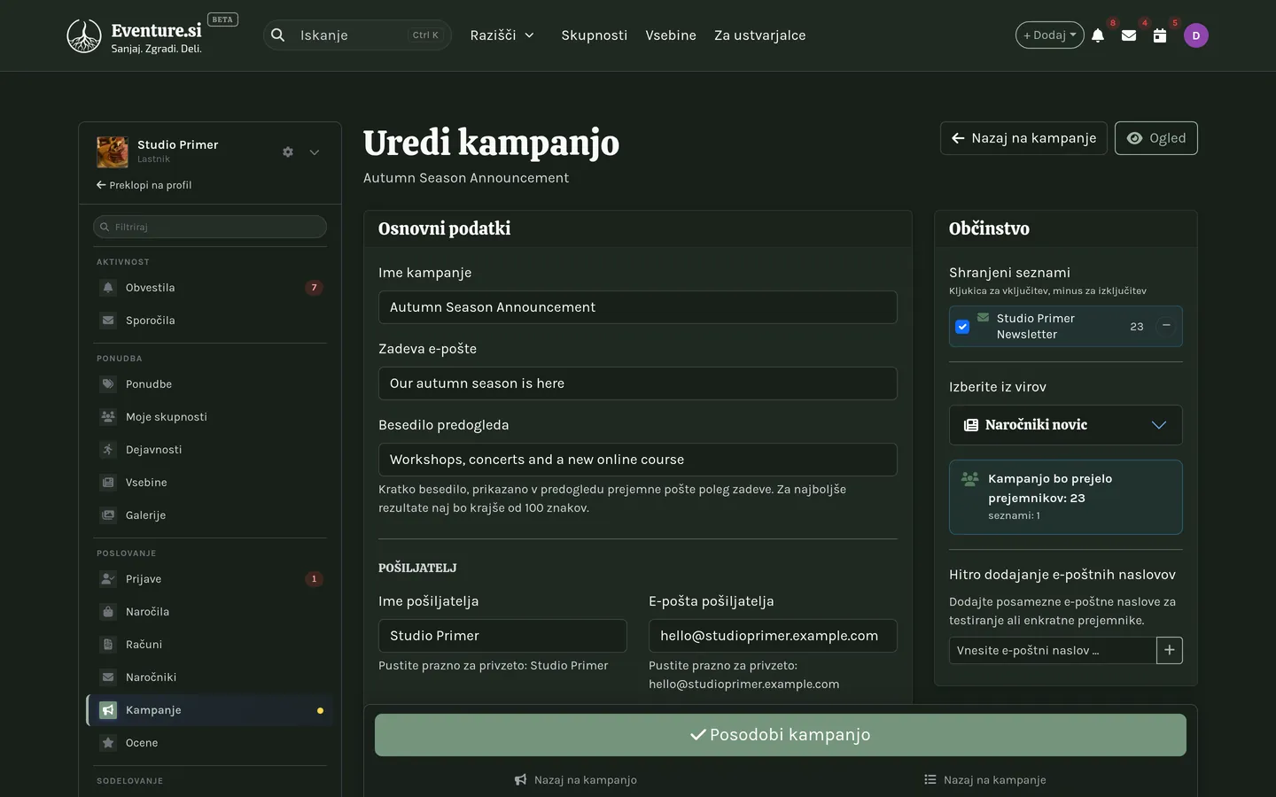 Urejevalnik kampanje s pripetim seznamom in pripravljenim testnim pošiljanjem.
